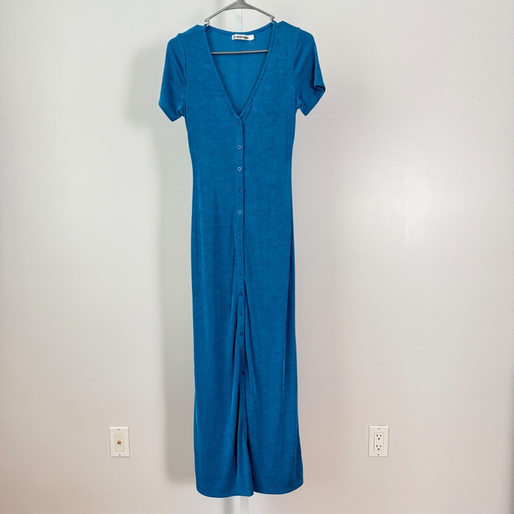 Morning Mist sz 10‎ Blue Button Front Maxi Dress Short Sleeve Fairy Feminine